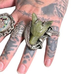 Sterling Silver and jade mushrooms custom  Statement Ring 10 ooak